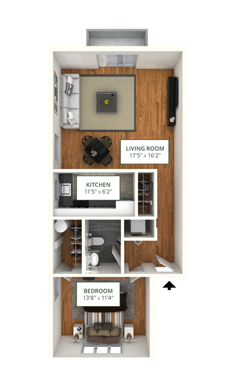 Floor plan for 1 bed, 1 bath, 640 sqft